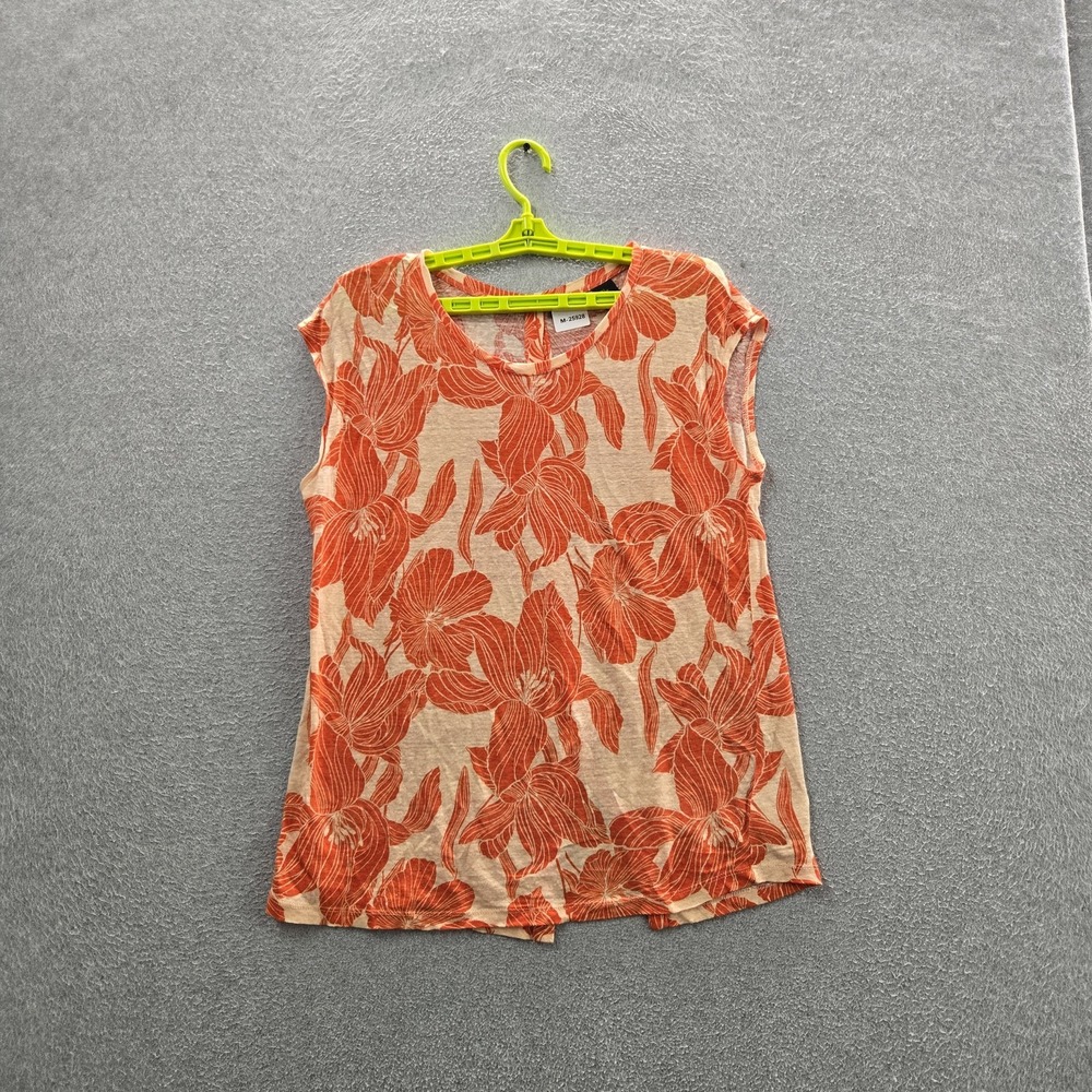 Tahari Women Shirt US L Orange Linen Floral Crew Neck Coastal Beach